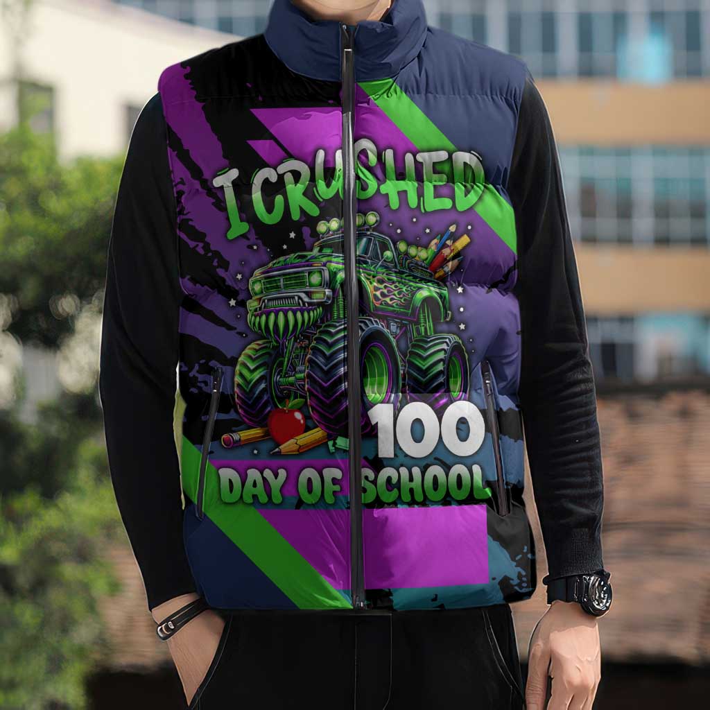 I Crushed 100 Days of School Monster Truck Sleeveless Puffer Jacket 100th Day Boys - Retro Radiant Pattern