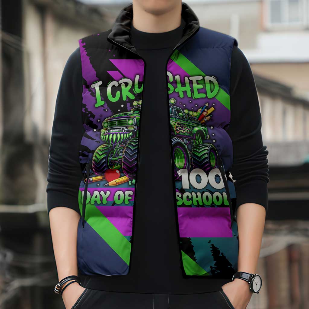 I Crushed 100 Days of School Monster Truck Sleeveless Puffer Jacket 100th Day Boys - Retro Radiant Pattern