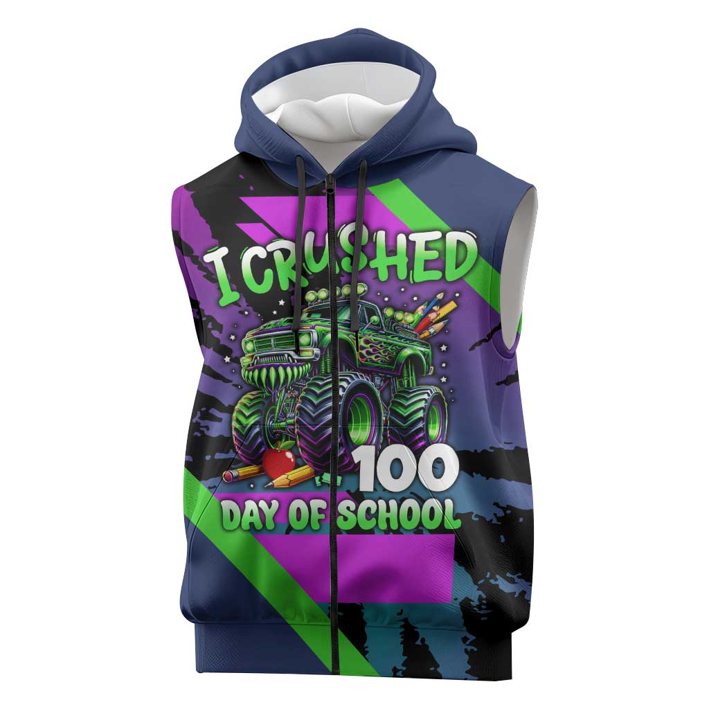 I Crushed 100 Days of School Monster Truck Sleeveless Zip Hoodie 100th Day Boys - Retro Radiant Pattern