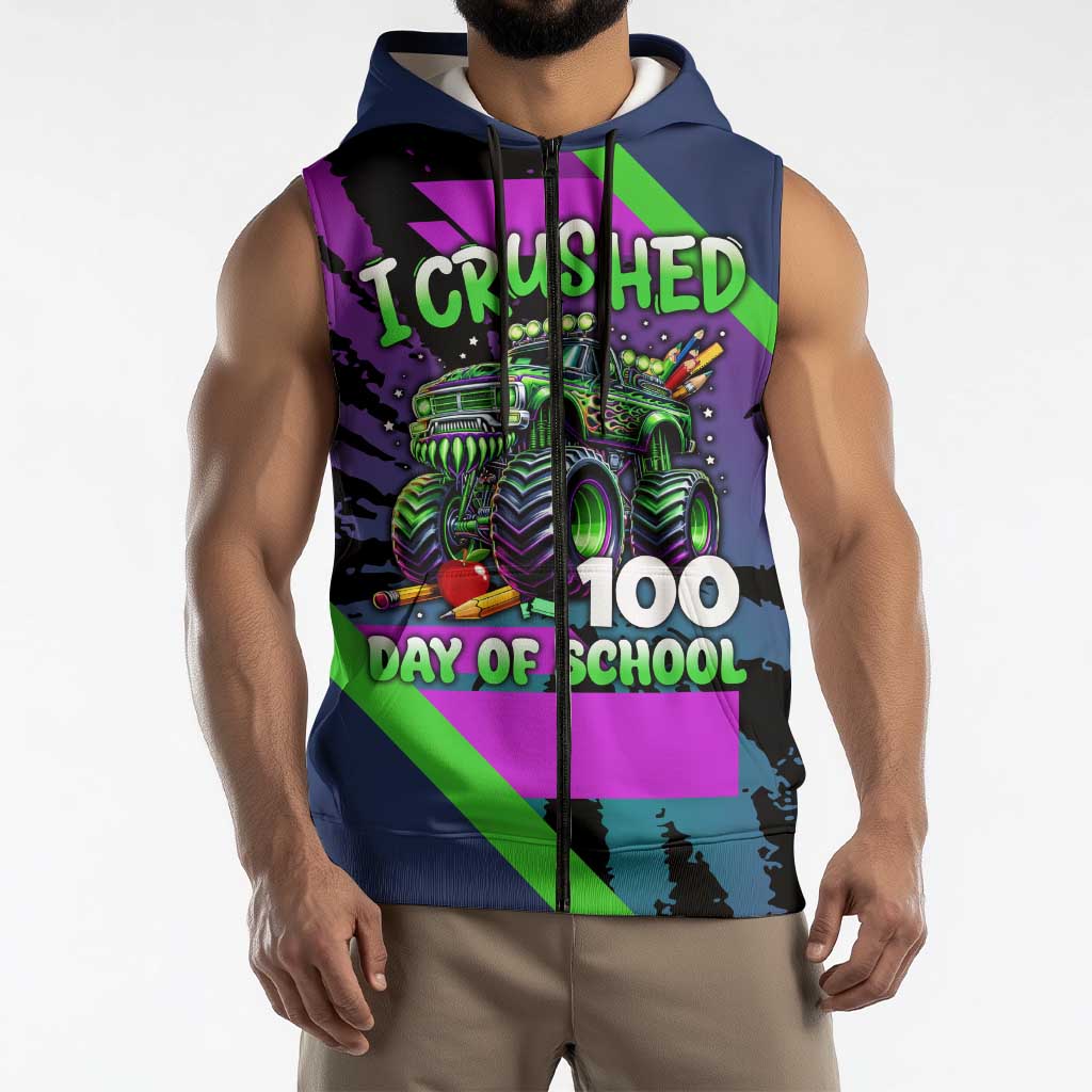 I Crushed 100 Days of School Monster Truck Sleeveless Zip Hoodie 100th Day Boys - Retro Radiant Pattern