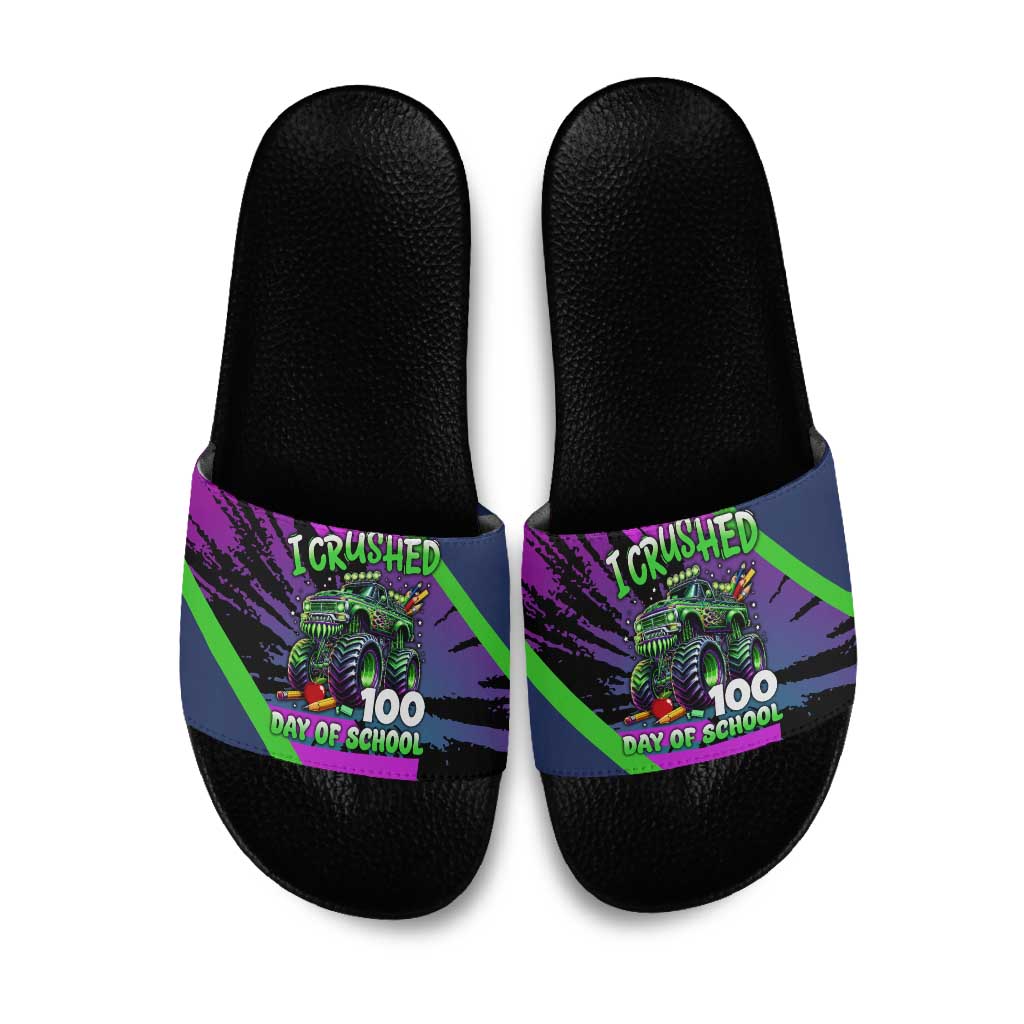 I Crushed 100 Days of School Monster Truck Slide Sandals 100th Day Boys - Retro Radiant Pattern