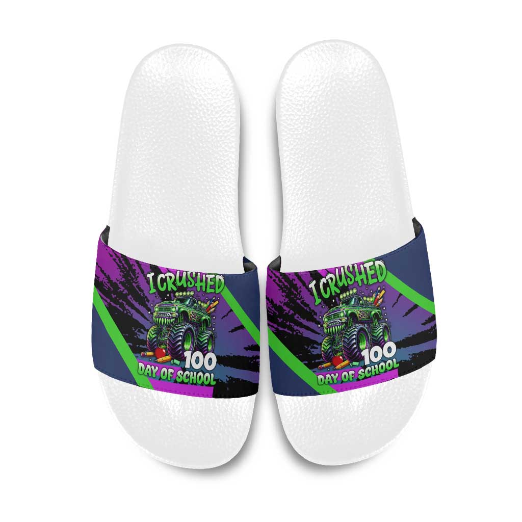 I Crushed 100 Days of School Monster Truck Slide Sandals 100th Day Boys - Retro Radiant Pattern