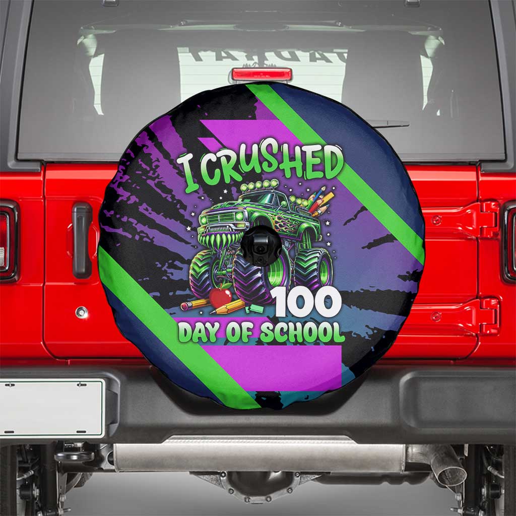 I Crushed 100 Days of School Monster Truck Spare Tire Cover 100th Day Boys - Retro Radiant Pattern