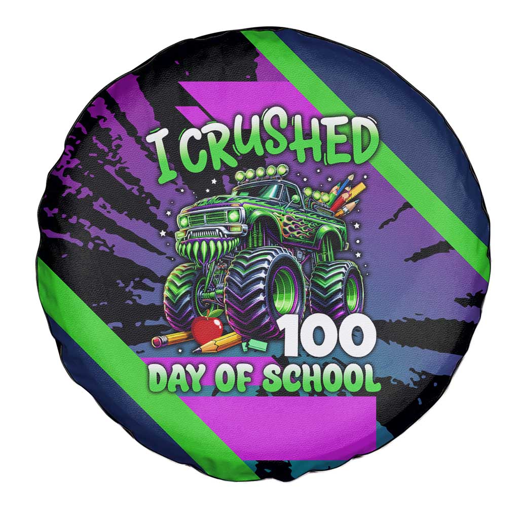 I Crushed 100 Days of School Monster Truck Spare Tire Cover 100th Day Boys - Retro Radiant Pattern