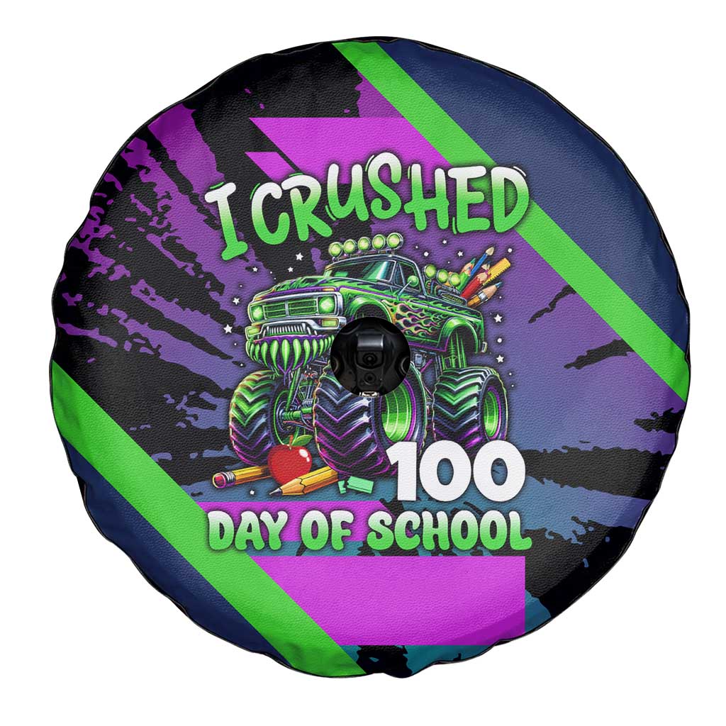 I Crushed 100 Days of School Monster Truck Spare Tire Cover 100th Day Boys - Retro Radiant Pattern