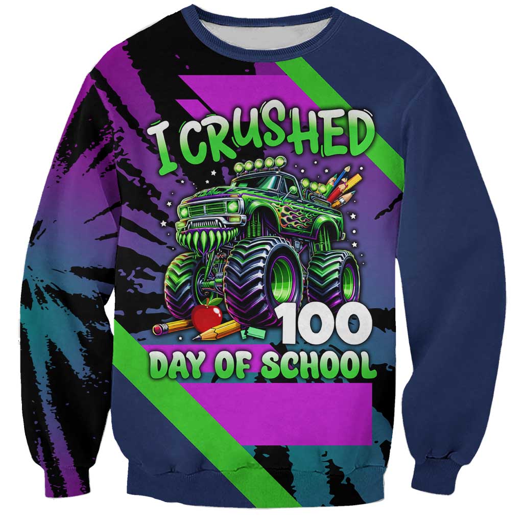 I Crushed 100 Days of School Monster Truck Sweatshirt 100th Day Boys - Retro Radiant Pattern