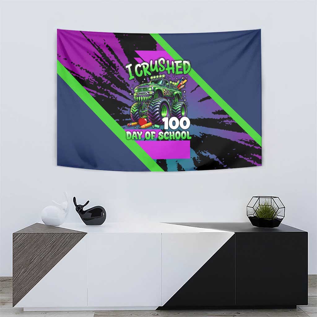 I Crushed 100 Days of School Monster Truck Tapestry 100th Day Boys - Retro Radiant Pattern