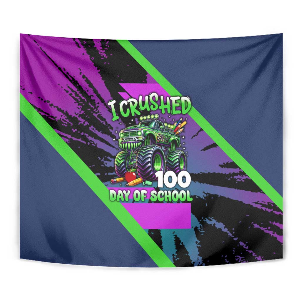 I Crushed 100 Days of School Monster Truck Tapestry 100th Day Boys - Retro Radiant Pattern