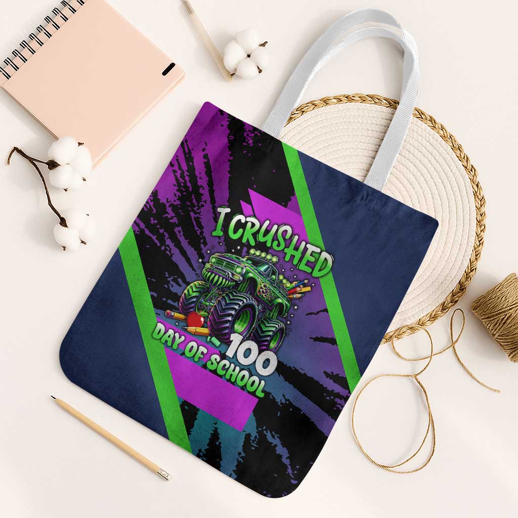 I Crushed 100 Days of School Monster Truck Tote Bag 100th Day Boys - Retro Radiant Pattern