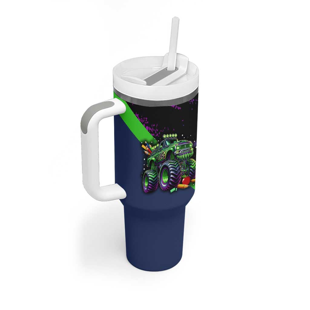 I Crushed 100 Days of School Monster Truck Tumbler With Handle 100th Day Boys - Retro Radiant Pattern