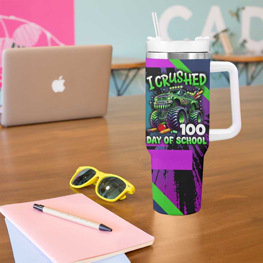 I Crushed 100 Days of School Monster Truck Tumbler With Handle 100th Day Boys - Retro Radiant Pattern