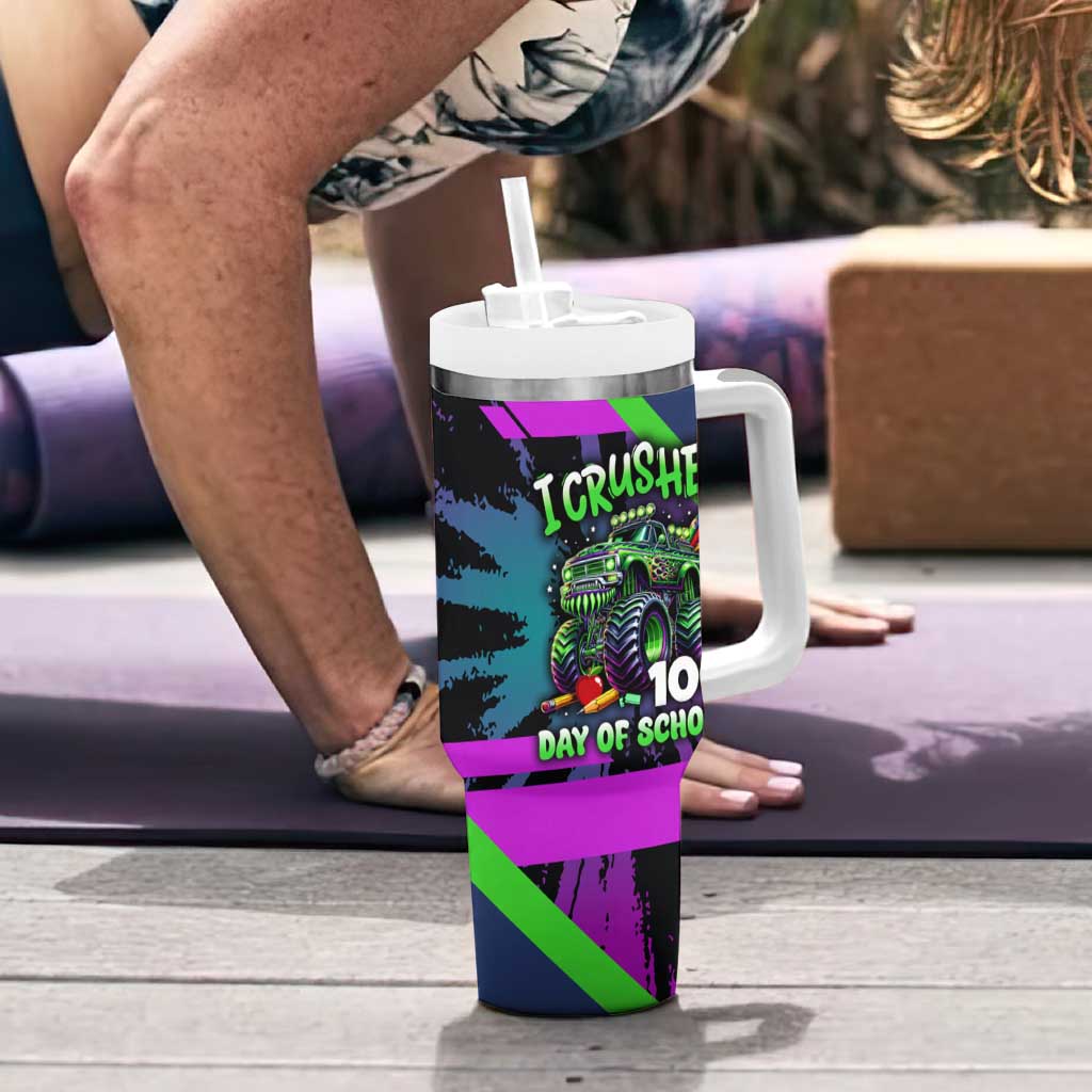 I Crushed 100 Days of School Monster Truck Tumbler With Handle 100th Day Boys - Retro Radiant Pattern