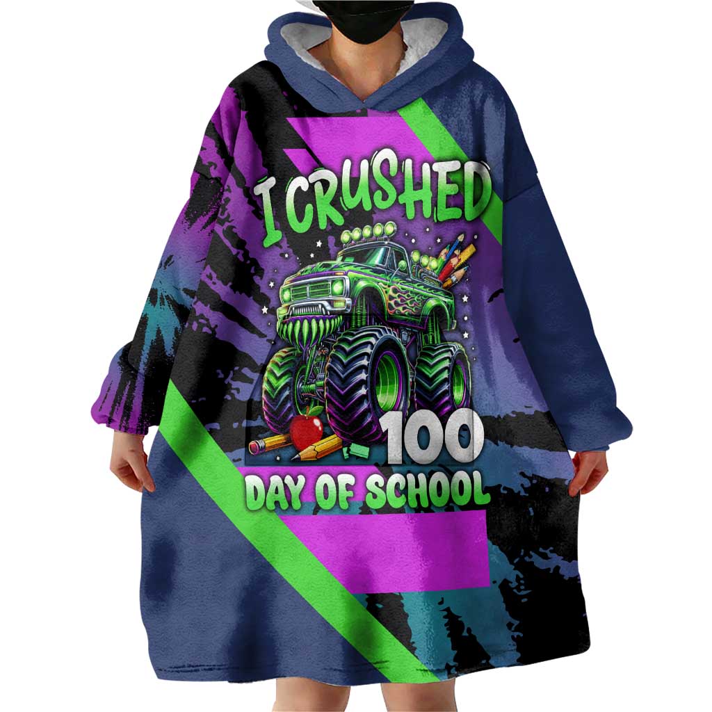 I Crushed 100 Days of School Monster Truck Wearable Blanket Hoodie 100th Day Boys - Retro Radiant Pattern