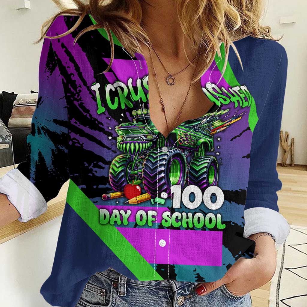 I Crushed 100 Days of School Monster Truck Women Casual Shirt 100th Day Boys - Retro Radiant Pattern