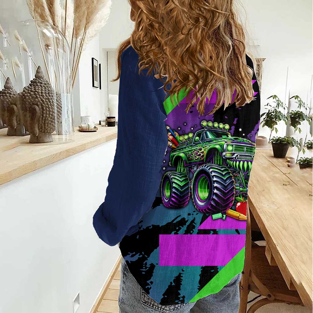 I Crushed 100 Days of School Monster Truck Women Casual Shirt 100th Day Boys - Retro Radiant Pattern
