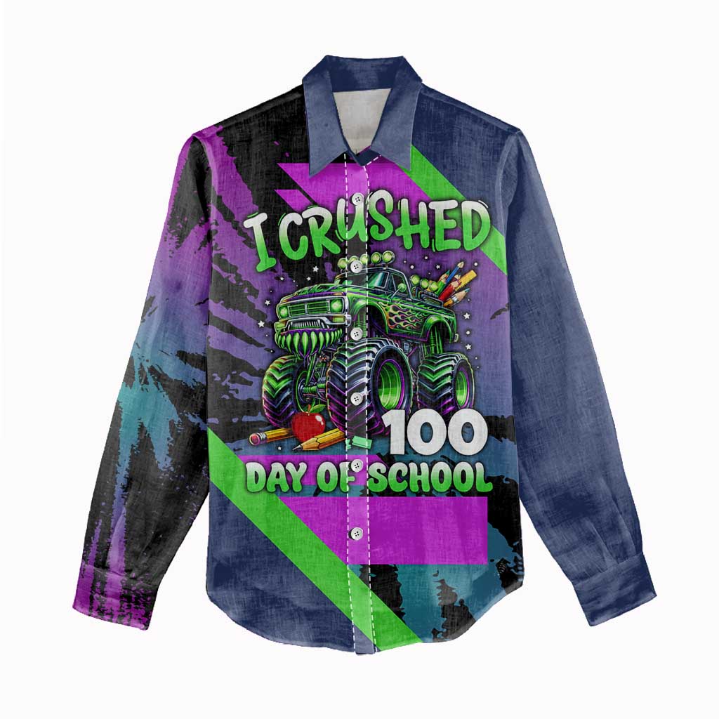 I Crushed 100 Days of School Monster Truck Women Casual Shirt 100th Day Boys - Retro Radiant Pattern