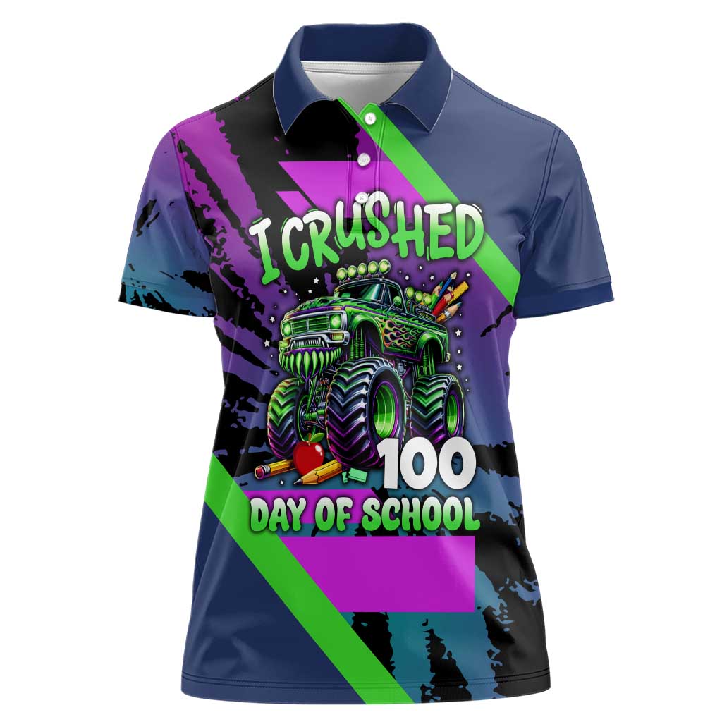 I Crushed 100 Days of School Monster Truck Women Polo Shirt 100th Day Boys - Retro Radiant Pattern