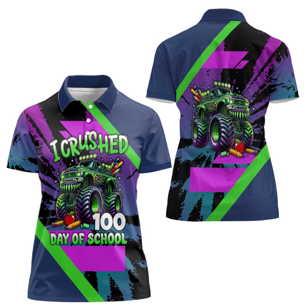 I Crushed 100 Days of School Monster Truck Women Polo Shirt 100th Day Boys - Retro Radiant Pattern