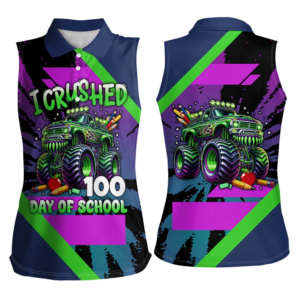 I Crushed 100 Days of School Monster Truck Women Sleeveless Polo Shirt 100th Day Boys - Retro Radiant Pattern