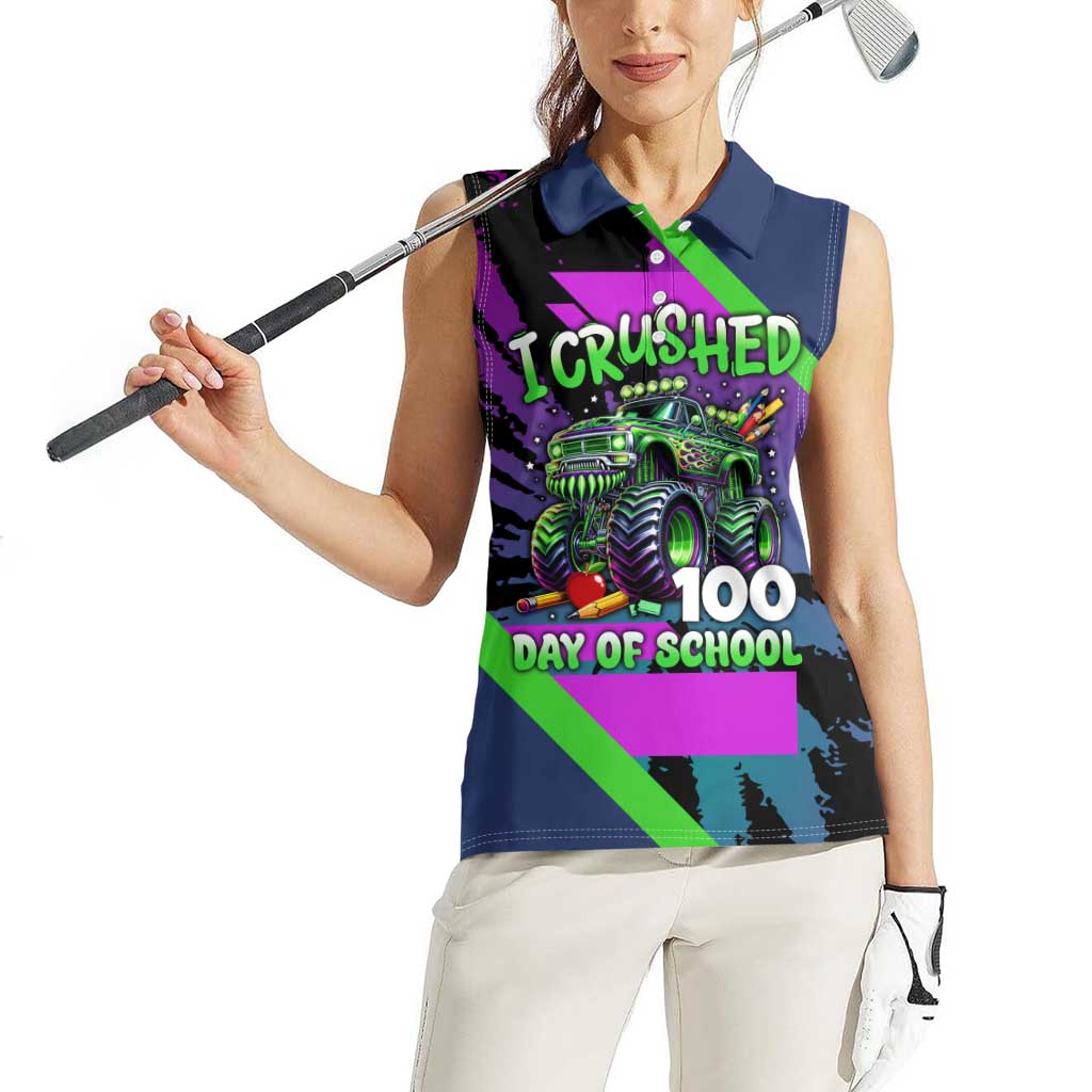 I Crushed 100 Days of School Monster Truck Women Sleeveless Polo Shirt 100th Day Boys - Retro Radiant Pattern