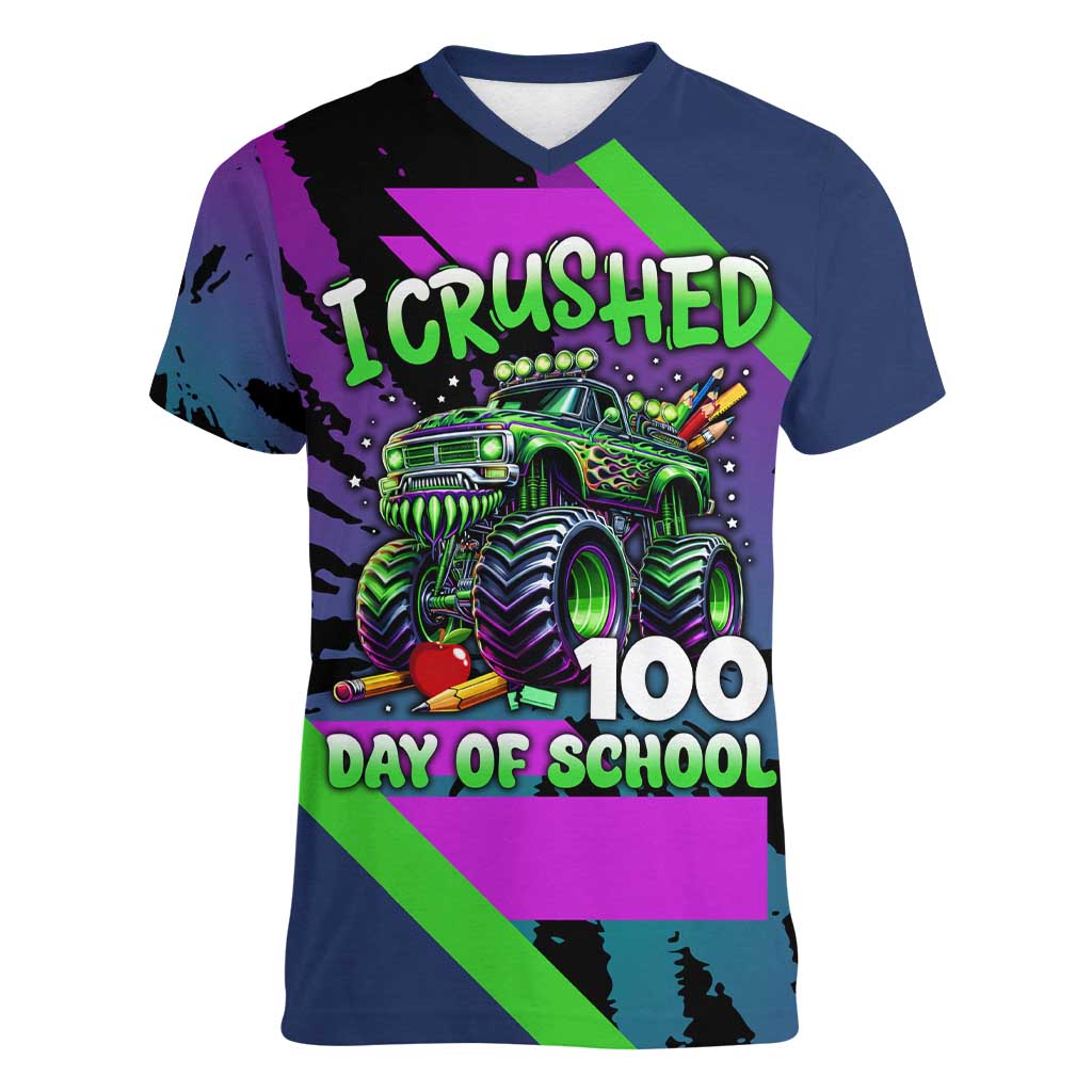 I Crushed 100 Days of School Monster Truck Women V-Neck T-Shirt 100th Day Boys - Retro Radiant Pattern
