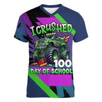 I Crushed 100 Days of School Monster Truck Women V-Neck T-Shirt 100th Day Boys - Retro Radiant Pattern