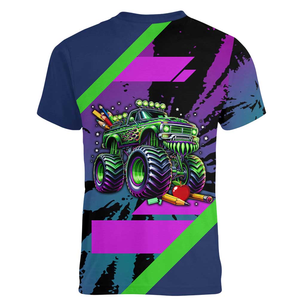I Crushed 100 Days of School Monster Truck Women V-Neck T-Shirt 100th Day Boys - Retro Radiant Pattern