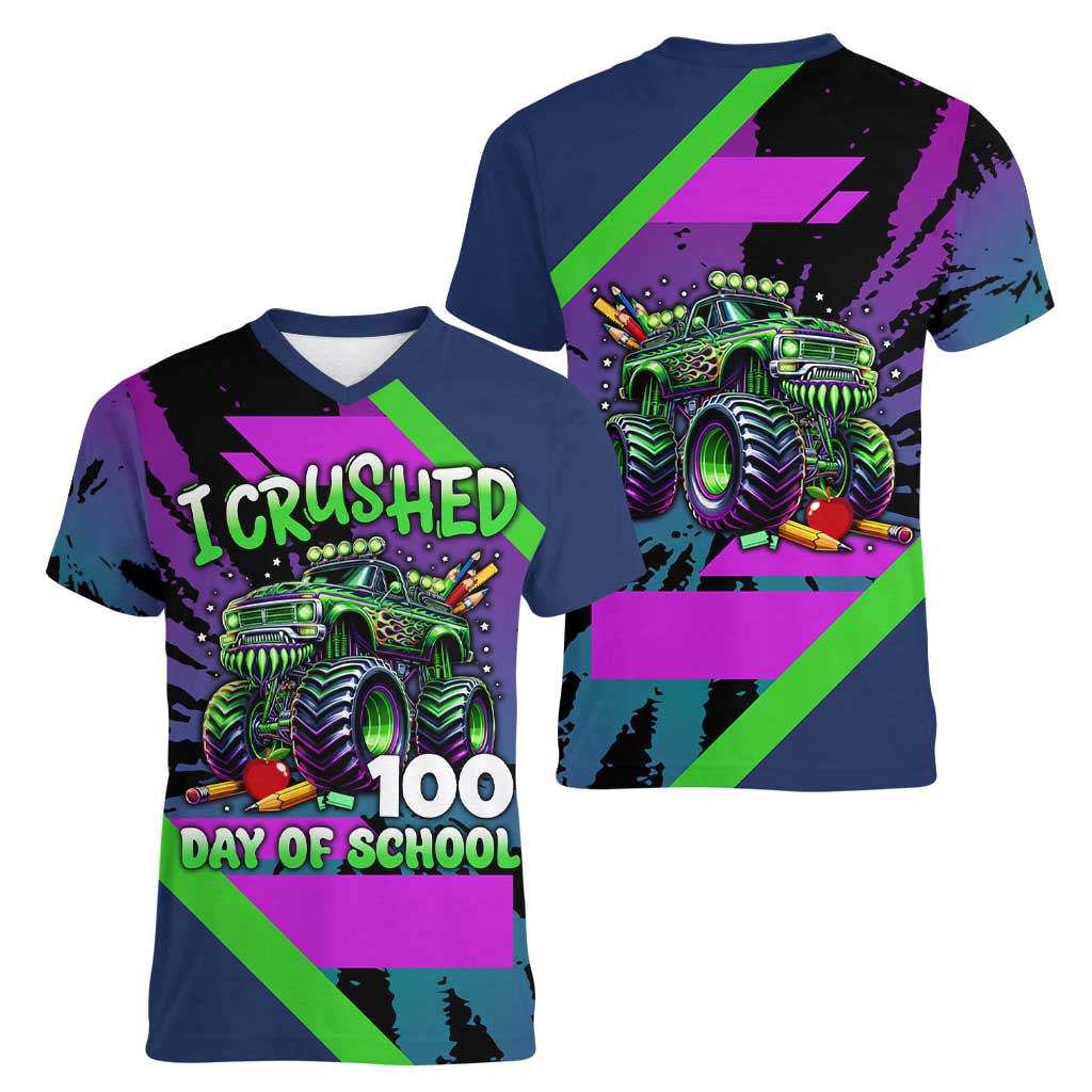 I Crushed 100 Days of School Monster Truck Women V-Neck T-Shirt 100th Day Boys - Retro Radiant Pattern