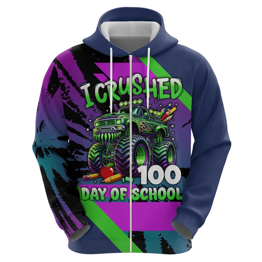 I Crushed 100 Days of School Monster Truck Zip Hoodie 100th Day Boys - Retro Radiant Pattern