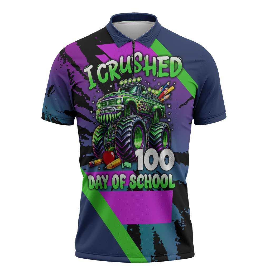 I Crushed 100 Days of School Monster Truck Zipper Polo Shirt 100th Day Boys - Retro Radiant Pattern