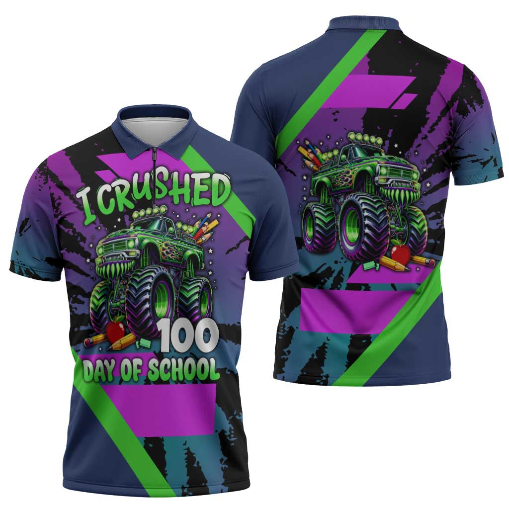 I Crushed 100 Days of School Monster Truck Zipper Polo Shirt 100th Day Boys - Retro Radiant Pattern
