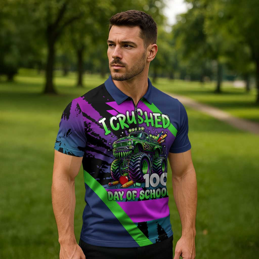 I Crushed 100 Days of School Monster Truck Zipper Polo Shirt 100th Day Boys - Retro Radiant Pattern