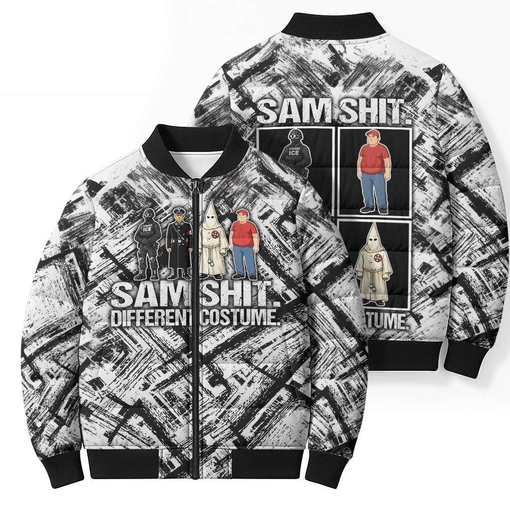 Same Shit Different Costume Bomber Puffer Jacket Monochrome Gritty Texture