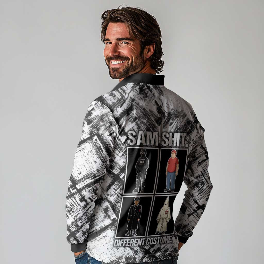 Same Shit Different Costume Long Sleeve Polo Shirt Monochrome Gritty Texture