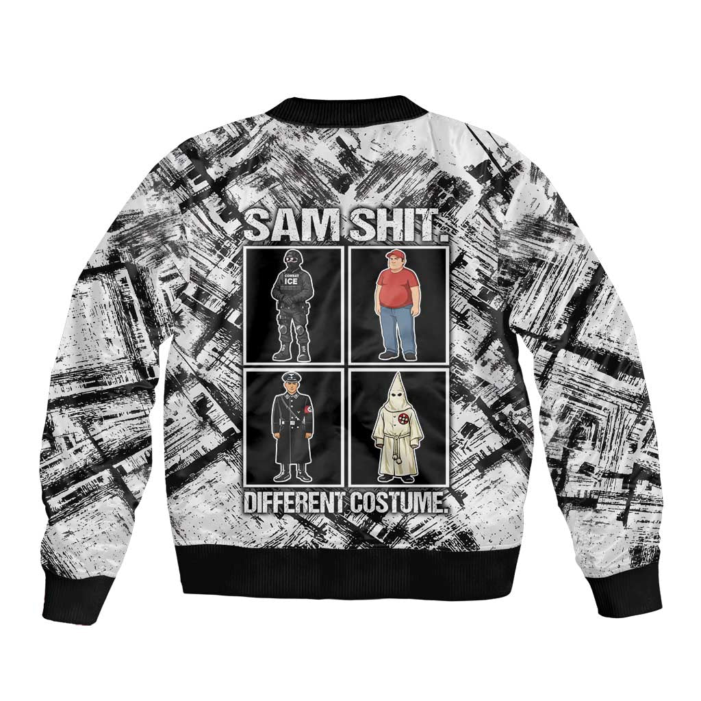 Same Shit Different Costume Sleeve Zip Bomber Jacket Monochrome Gritty Texture