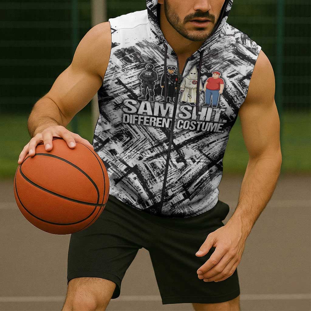 Same Shit Different Costume Sleeveless Zip Hoodie Monochrome Gritty Texture