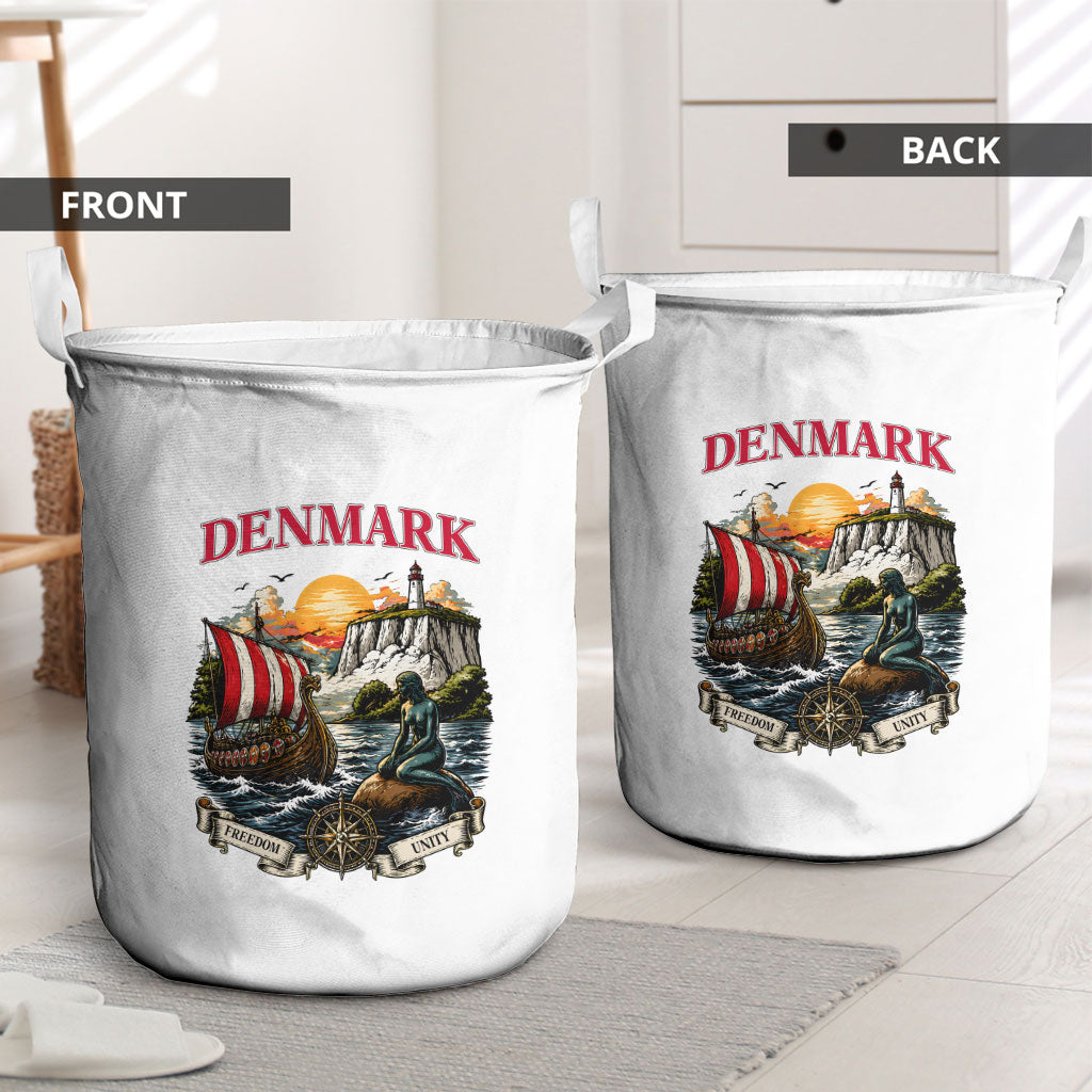 Denmark Kongeriget Heritage Laundry Basket Vintage Viking Ship And Nyhavn Scenic Illustration