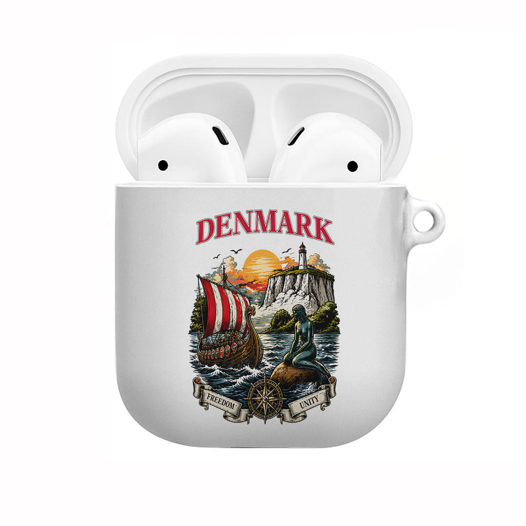 Denmark Kongeriget Heritage AirPods Case Vintage Viking Ship And Nyhavn Scenic Illustration