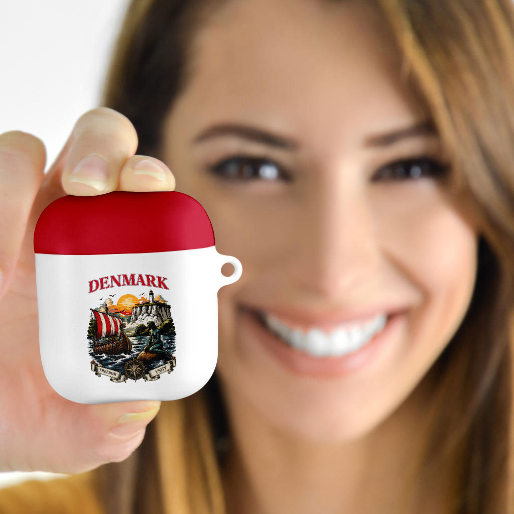 Denmark Kongeriget Heritage AirPods Case Vintage Viking Ship And Nyhavn Scenic Illustration