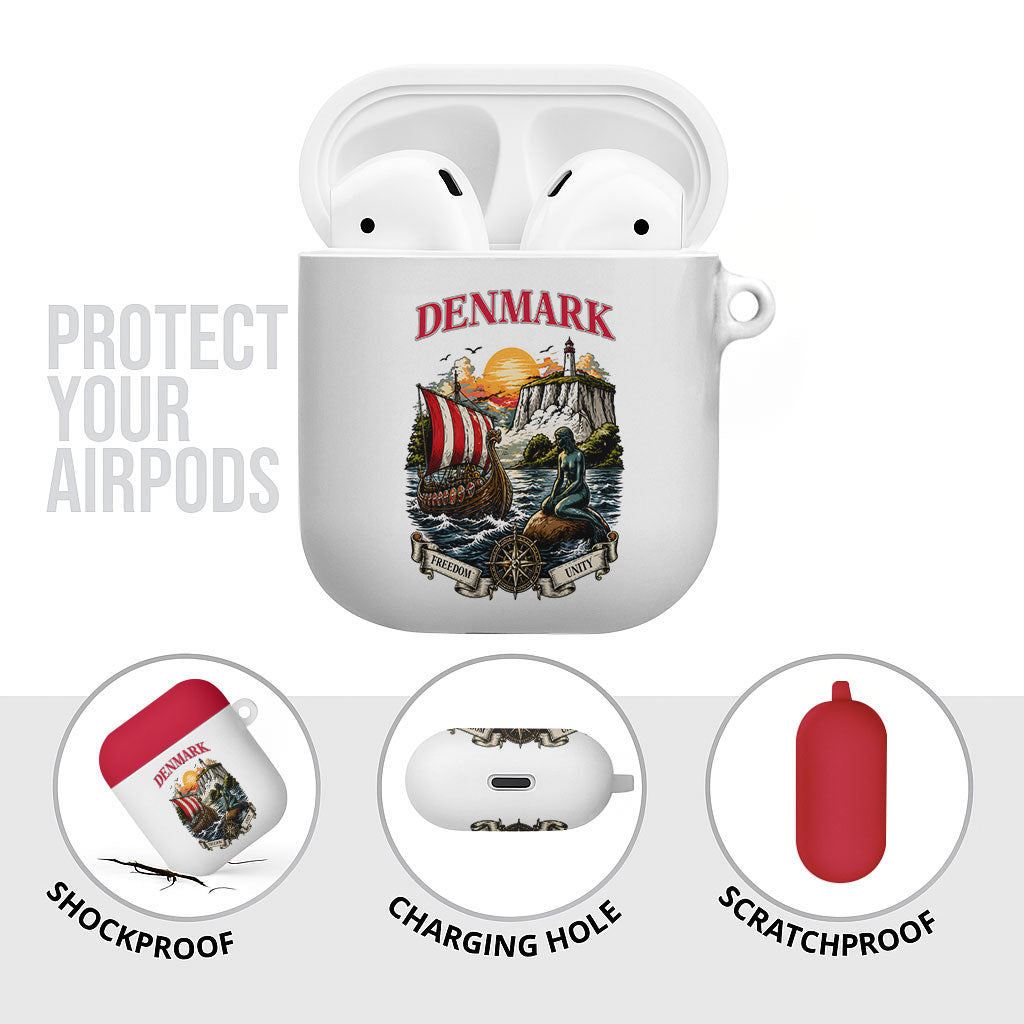Denmark Kongeriget Heritage AirPods Case Vintage Viking Ship And Nyhavn Scenic Illustration