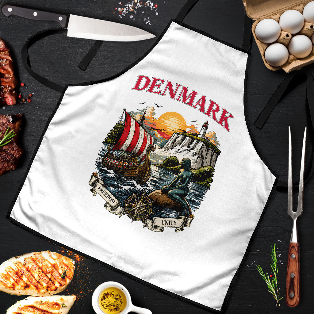 Denmark Kongeriget Heritage Apron Vintage Viking Ship And Nyhavn Scenic Illustration