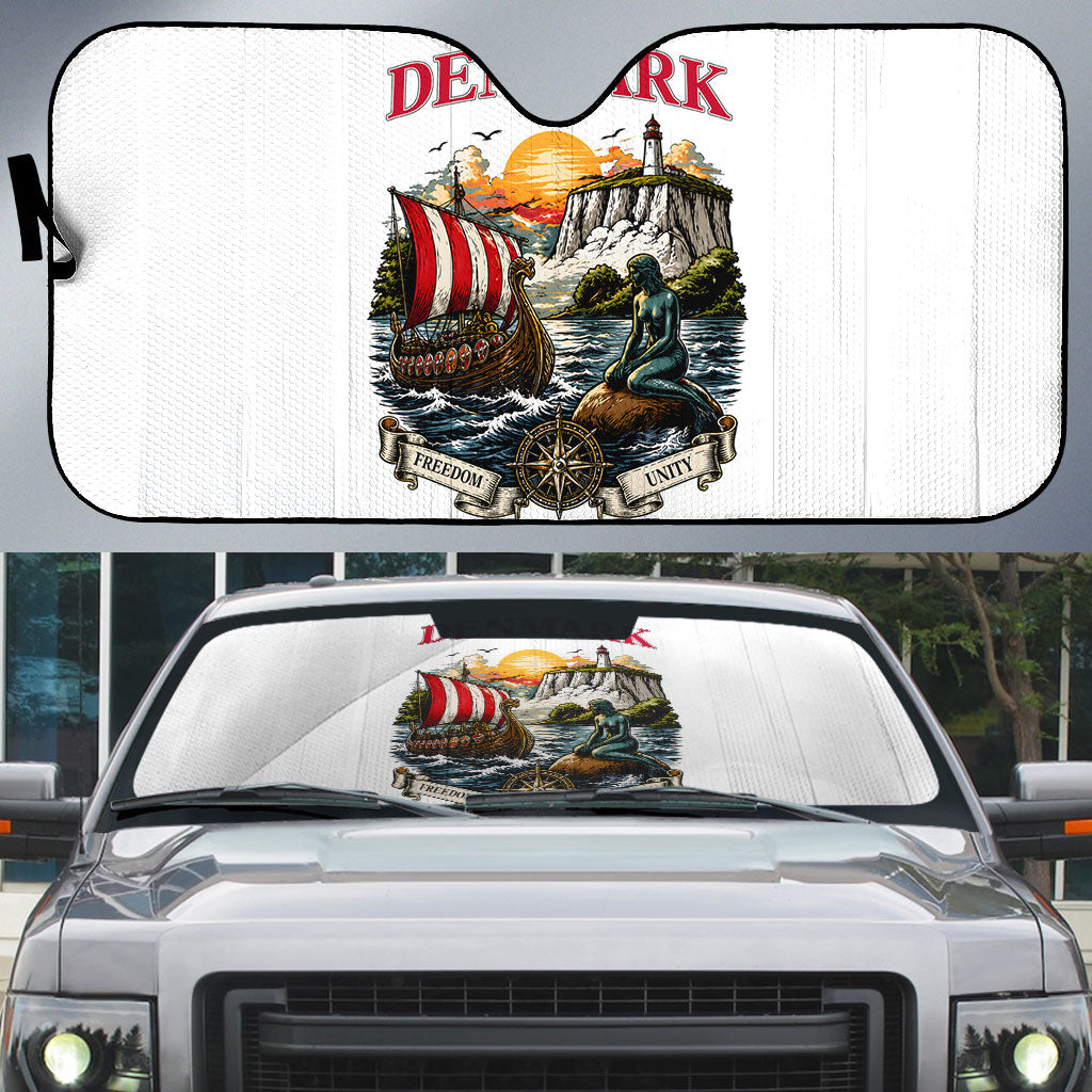 Denmark Kongeriget Heritage Auto Sun Shade Vintage Viking Ship And Nyhavn Scenic Illustration