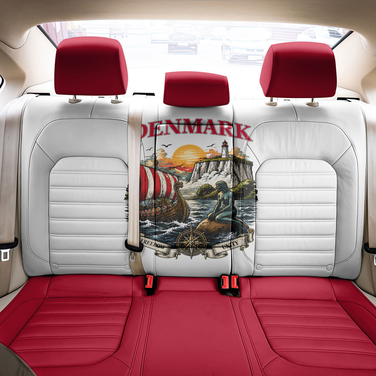 Denmark Kongeriget Heritage Back Car Seat Cover Vintage Viking Ship And Nyhavn Scenic Illustration
