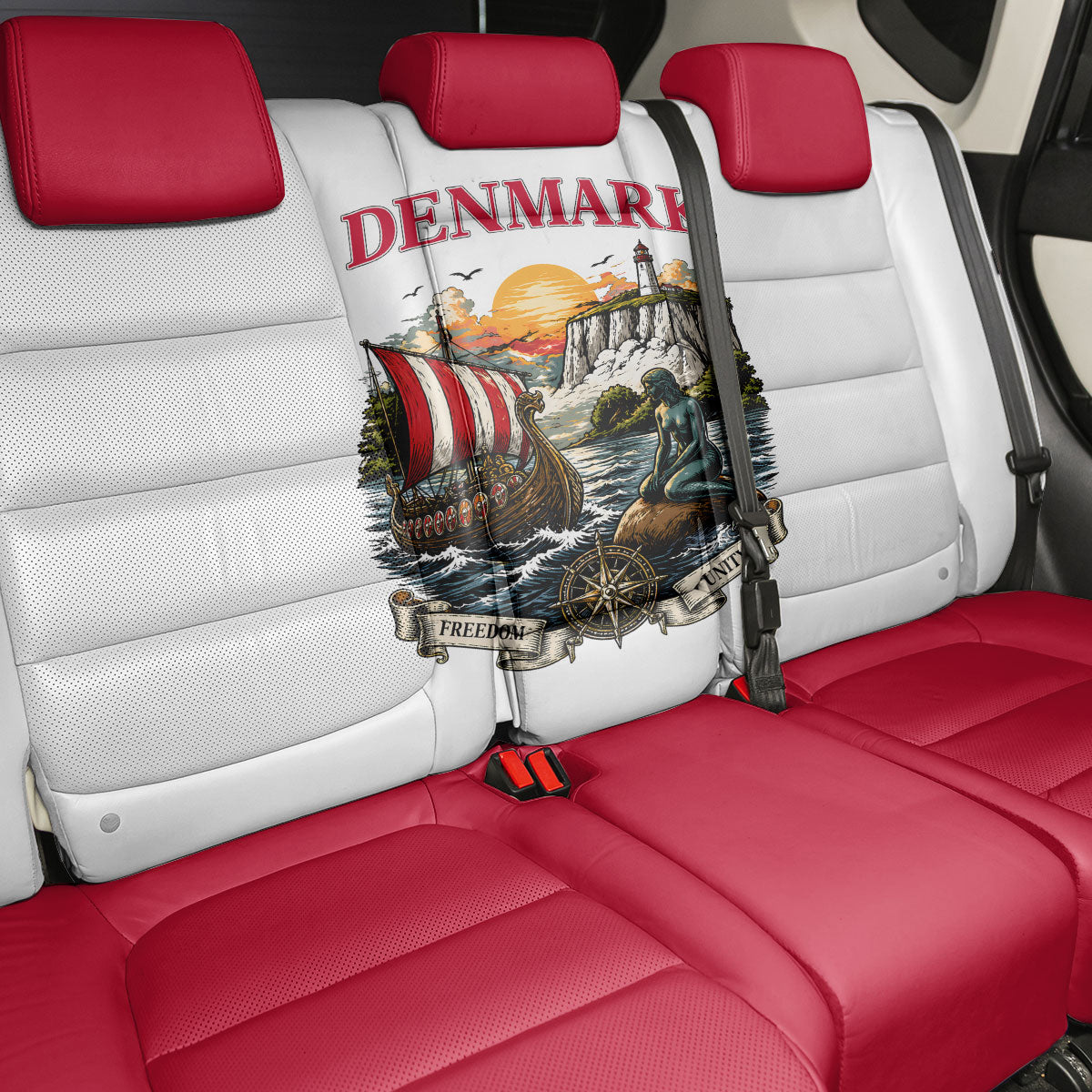 Denmark Kongeriget Heritage Back Car Seat Cover Vintage Viking Ship And Nyhavn Scenic Illustration