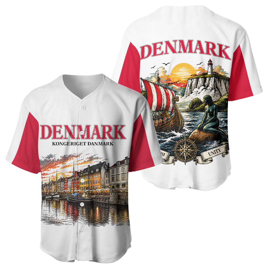 Denmark Kongeriget Heritage Baseball Jersey Vintage Viking Ship And Nyhavn Scenic Illustration