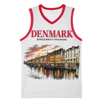 Denmark Kongeriget Heritage Basketball Jersey Vintage Viking Ship And Nyhavn Scenic Illustration