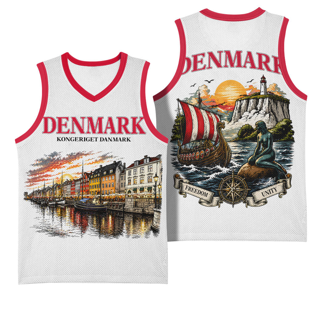 Denmark Kongeriget Heritage Basketball Jersey Vintage Viking Ship And Nyhavn Scenic Illustration