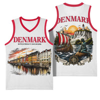 Denmark Kongeriget Heritage Basketball Jersey Vintage Viking Ship And Nyhavn Scenic Illustration