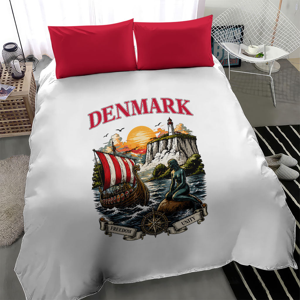Denmark Kongeriget Heritage Bedding Set Vintage Viking Ship And Nyhavn Scenic Illustration