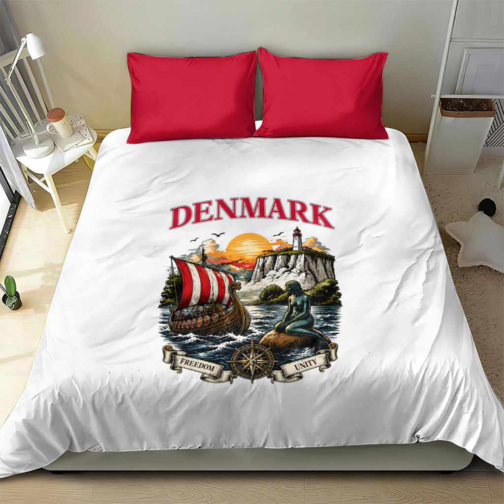 Denmark Kongeriget Heritage Bedding Set Vintage Viking Ship And Nyhavn Scenic Illustration